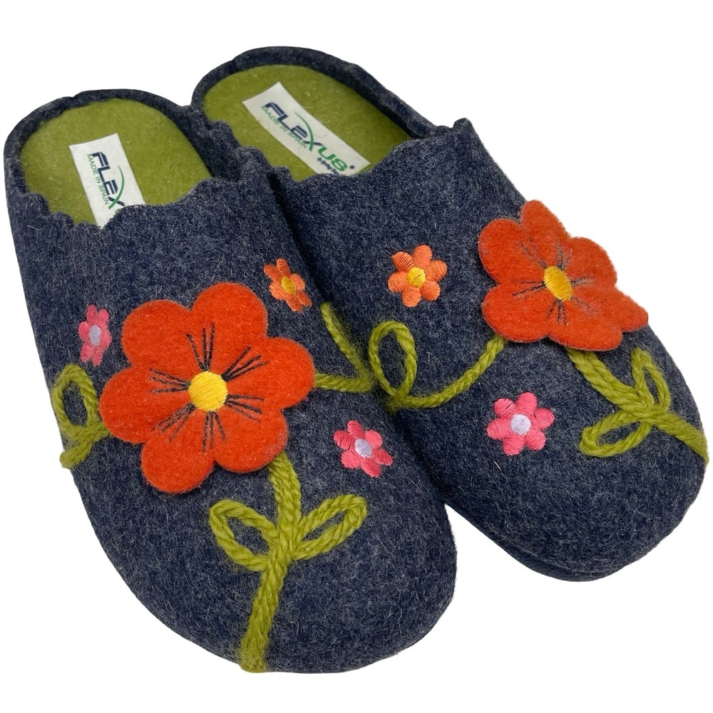 Flexus Spring Step Mules Women 39 Blue Wool Floral Embroidered Scalloped Clogs